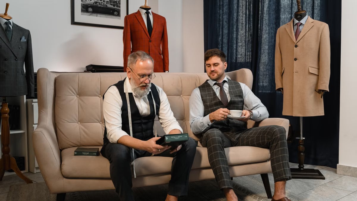 Two well-dressed men enjoying tea in an elegant tailoring workshop.